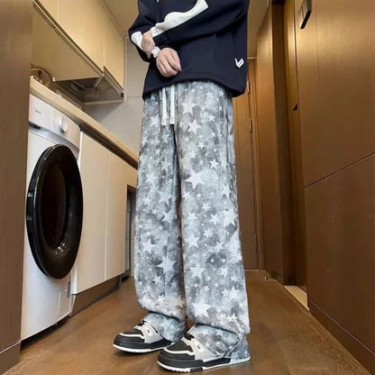 Youth Casual Tie Dye Star Joggers Straight Leg Loose Sports Pants Trendy Oversized Design for Autumn Winter Soft Draping Fabric