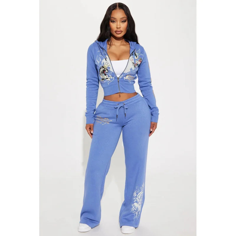 Elegant Fashionable Printed Long Sleeve Ladies Set Autumn Winter High Quality Comfortable Material Sweet Style Zipper Closure