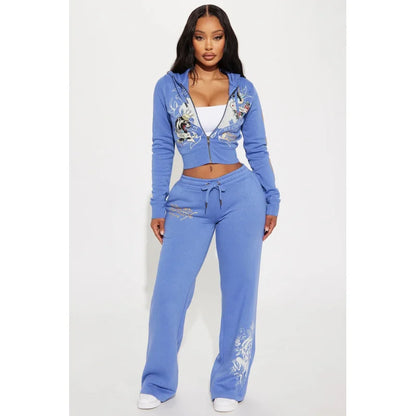 Elegant Fashionable Printed Long Sleeve Ladies Set Autumn Winter High Quality Comfortable Material Sweet Style Zipper Closure