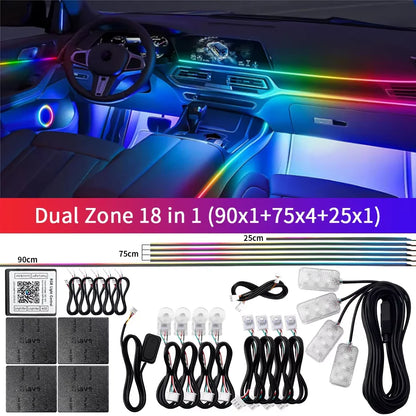18 in 1 Dual Zone Symphony Streamer Car Ambient Light RGB 64 Colors Interior Rainbow Acrylic Strip Atmosphere Lighting kit App