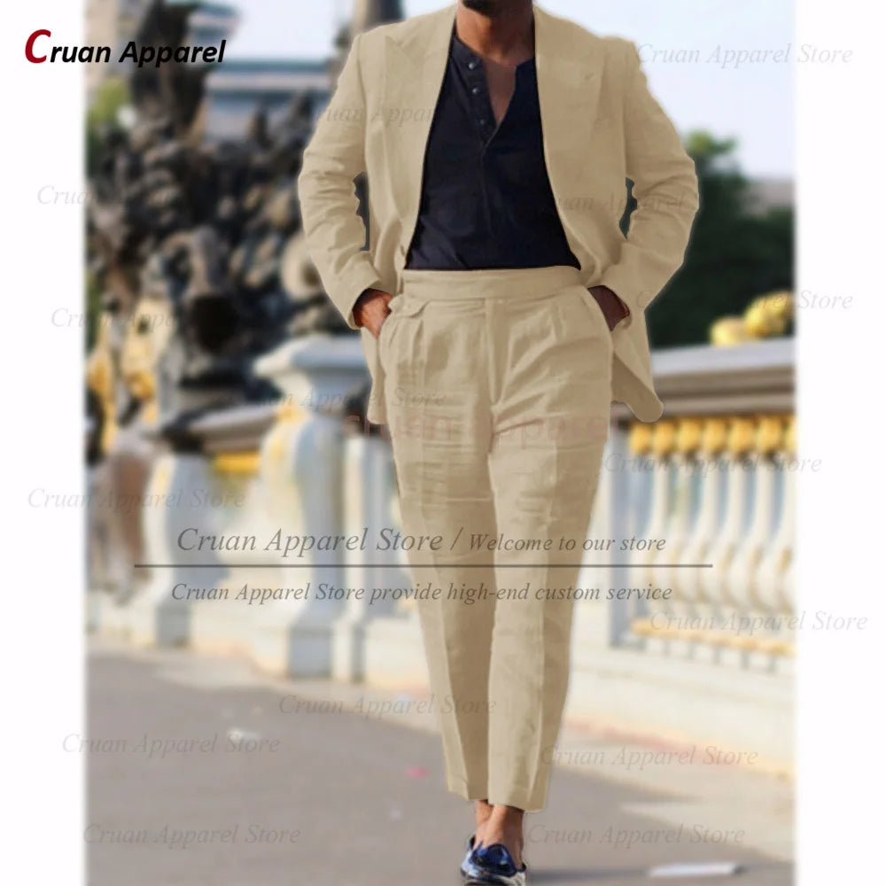 Classic Summer Linen Suit Sets For Men Smart Casual Blazer And Pants 2 Pieces Formal Evening  Fashion Slim Fit Suit Attire