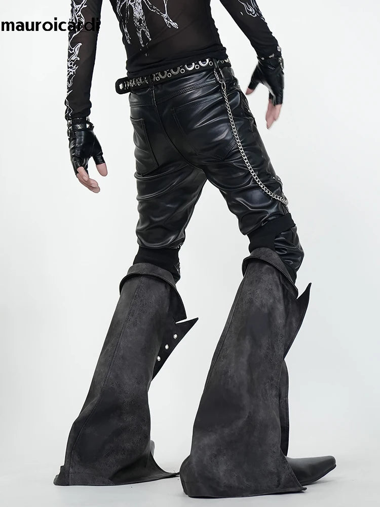 Mauroicardi Spring Skinny Black Pu Leather Motorcycle Pencil Pants for Men with Detachable Leg Covers Alternative Punk Clothes