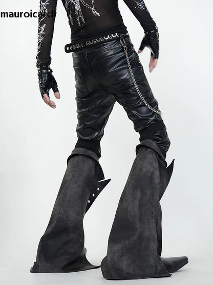 Mauroicardi Spring Skinny Black Pu Leather Motorcycle Pencil Pants for Men with Detachable Leg Covers Alternative Punk Clothes