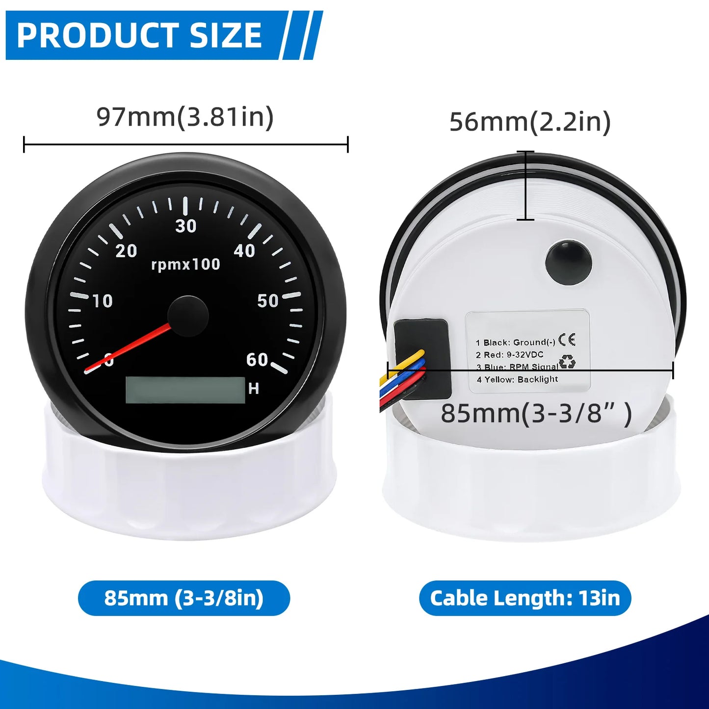 AD 85MM Tachometer with LCD Hour Meter For Marine Boat Car RPM Gauge 0-3000 4000 8000 RPM Meter Tach Sensor 7Colors Backlight