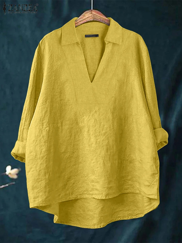 ZANZEA 2025 Autumn Women High-Low Blouses Loose V-Neck Long Sleeve Cotton Linen Fashion Blusas Mujer Everyday Casual Solid Tops