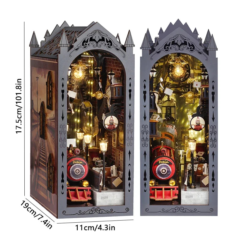 DIY Book Nook Kits，3D Wooden Library Bookshelf Insert Decoration Model Kit For Bedroom, Assembly Building Model，Christmas train