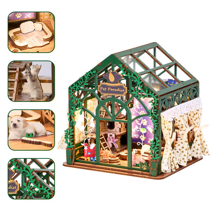 DIY Book Nook Kit Pet Paradise DIY 3D Wooden Puzzle Miniature Dollhouse Home Decoration Bookshelf Handmade Model