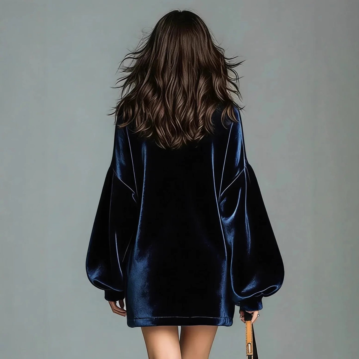 Autumn Women's Velvet Elegant Mini Party Dress Solid High Neck Lantern Sleeve Loose Fashion French Dress Female Chic Dresses