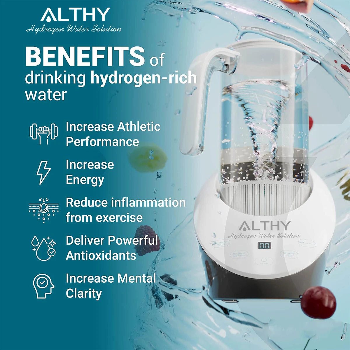 ALTHY Hydrogen Water Pitcher Generator Machine Bottle Jug Kettle SPE PEM Technology. Balanced Water PH Calcium Sulfite filter