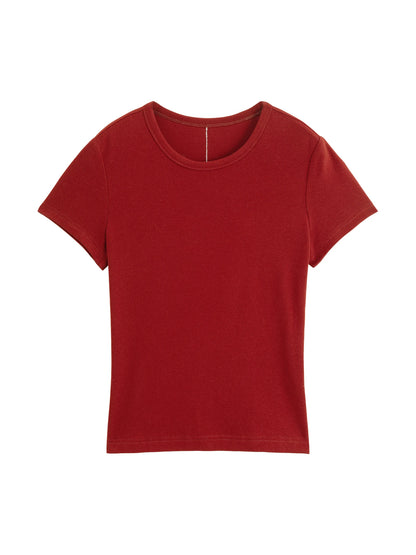 ZIQIAO Elastic Solid Basics Short-sleeved Slim-fit Knit T-shirt for Women New Summer 2026 Design Red Top Daily BF
