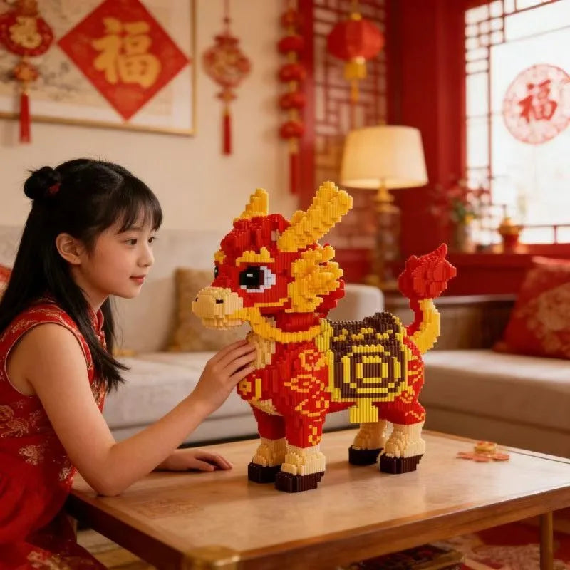 Large 30cm Lucky Zodiac Red Horse Building Blocks Educational Puzzle Toy 2026 New Year Gift