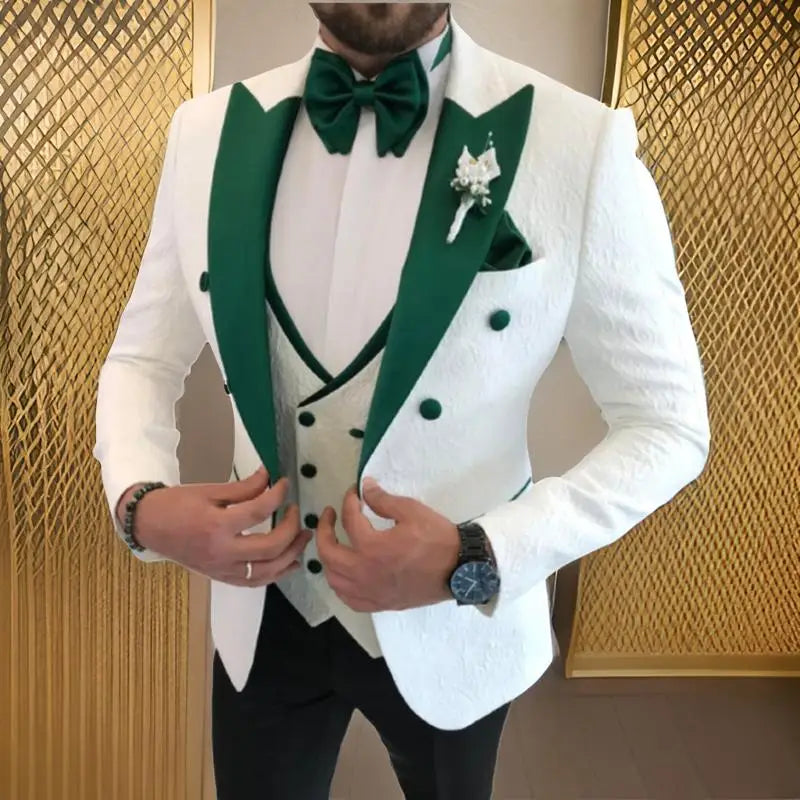 Floral Wedding Suits for Men Double Breasted Jacket with Vest Pants 3 Pieces Peak Lapel Groom Tuxedo Male Fashion Suit