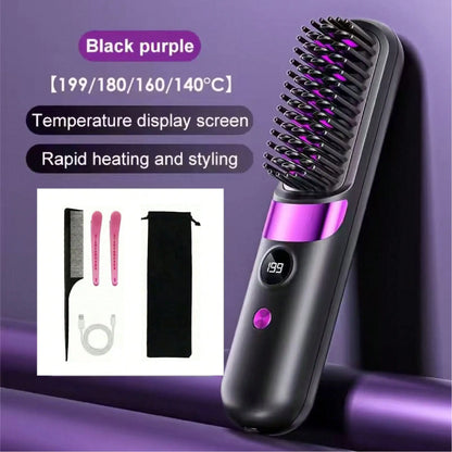Mini Hair Straightener Comb Set Features A Built-In 2000mAh-3600mAh USB Rechargeable Lithium Battery, 10W Negative Ion Heating, Three Adjustable Temperature Settings, And Is A Portable, Heat-Resistant Styling Tool Suitable Fo