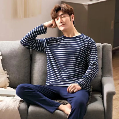 Men‘s Pajama Set Long Sleeve Black Striped Fall and Winter Youth Student Nightwear Loungewear Two Piece Set Sleepwear Homewear