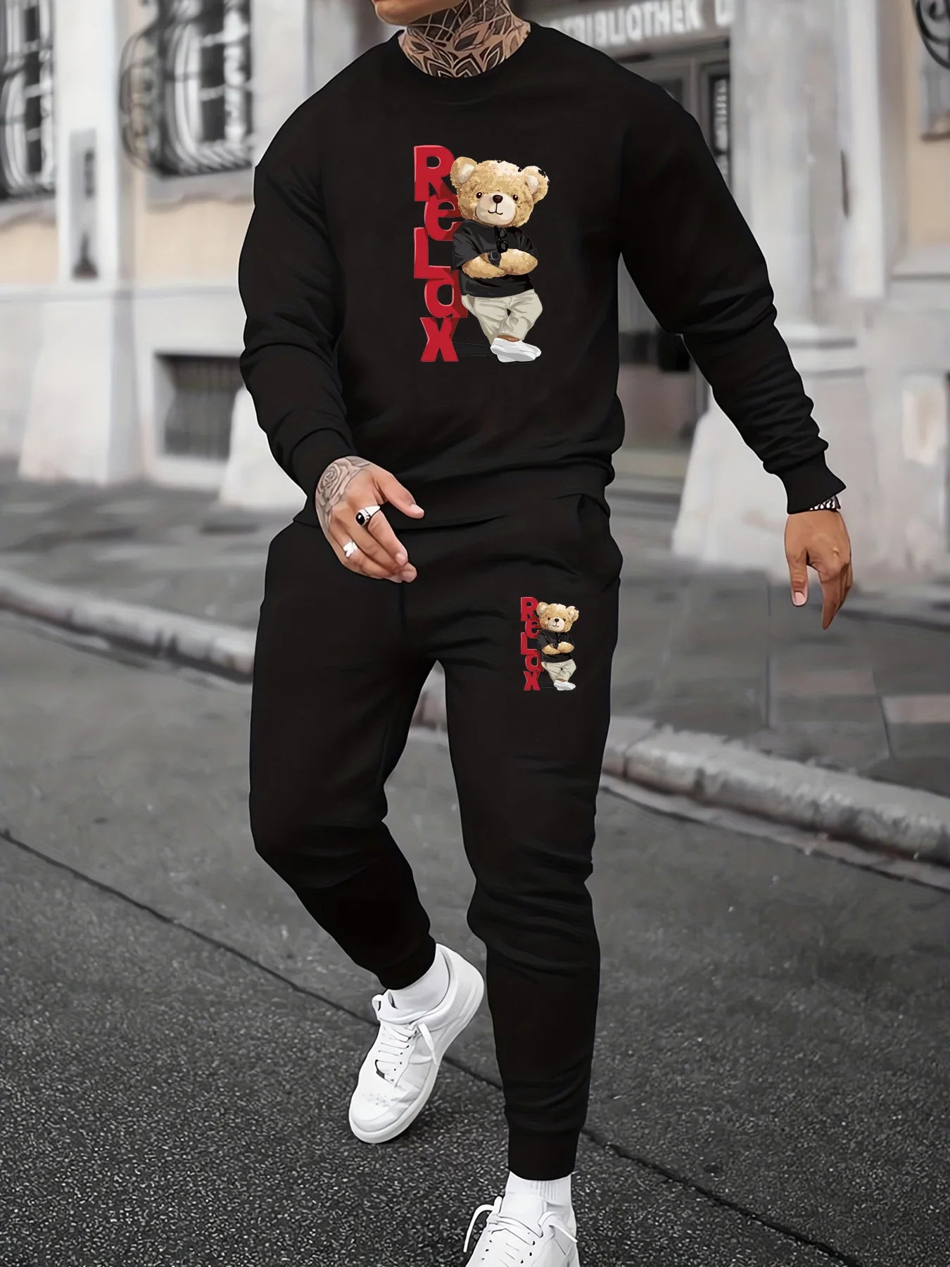 Men's autumn and winter casual warm RELDX bear print loose and thick velvet round neck sweatshirt+sports pants set