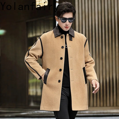 YOLANFAIRY Luxury Woolen Overcoat for Man Autumn Winter Mid-length Lapel Pure Wool Spliced Sheepskin Trench Coat Trend Jacket