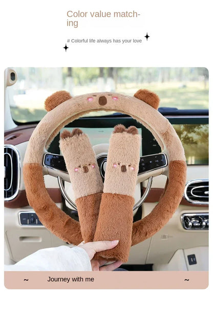 2025NEW Cute Cartoon Cute Plush Steering Wheel Cover Natural Rubber Healthy Breathable Universal 38cm Car Accessories