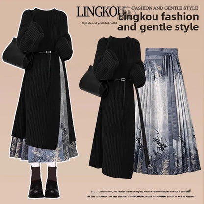 Autumn Winter Women's Knitted Dress Set with Slit Long Sleeve round Neck Loose Fit mid Thickening Two Pieces National Style