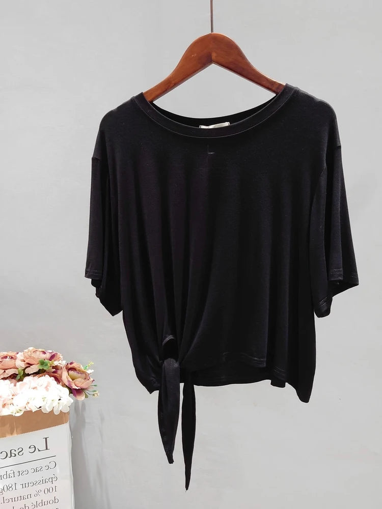 Ultra Soft Skin-Friendly Modal Summer Loose Short Sleeve T-Shirt Women's Asymmetrical Knot Waist Yoga Top Korean Style