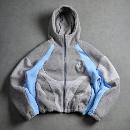 American Style Patchwork Polar Fleece Hooded Jacket Men Autumn Winter Warm Oversized Coat High Street Hip Hop Streetwear Man