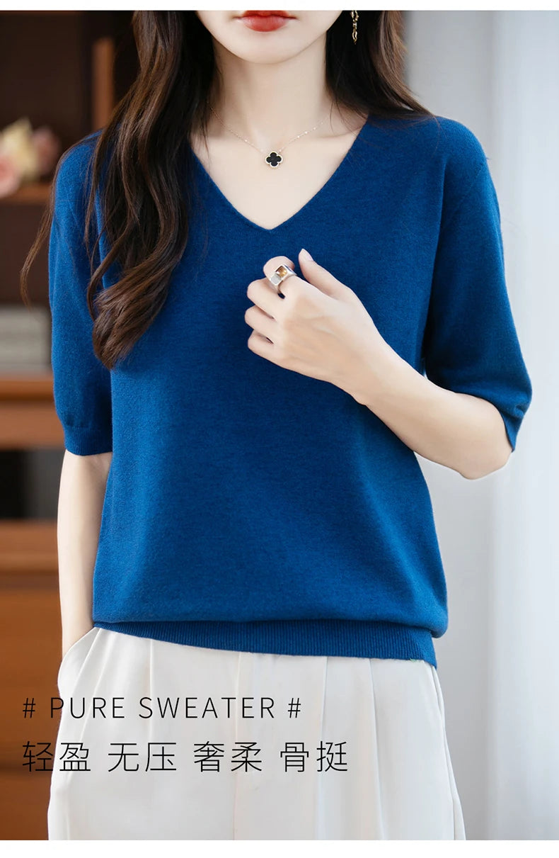 Thin Worsted Wool Short-Sleeved Women's Loose Round Neck T-shirt Printed Summer Fashion Knitted Bottoming Shirt Half-Sleeved