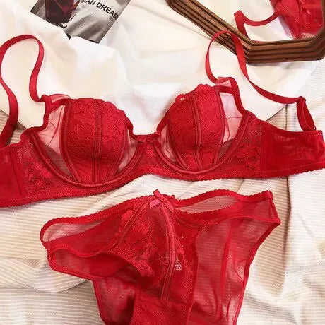 Moda Conjunto Lencería Encaje Francés Bordado Copas Oreja De Conejo Alambre Suave Push Up Respirable Adelgazante Cómodo