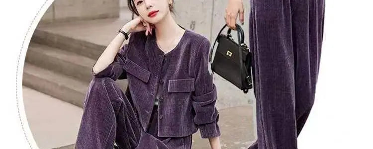 Fashionable Corduroy Set Women's Autumn Winter New Style Elegant Lady Fragrance Wind Coat Wide Leg Pants Two Piece Suit