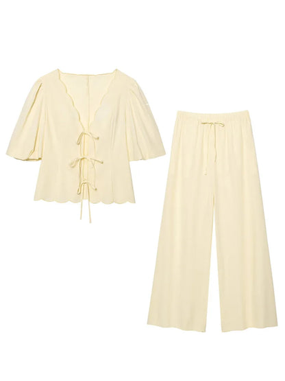 HH Women Chic Solid Simple Wave Edge V-Neck Puff Sleeves Short Shirt Top+High Waist Draw Rope Design Casual Loose Trousers