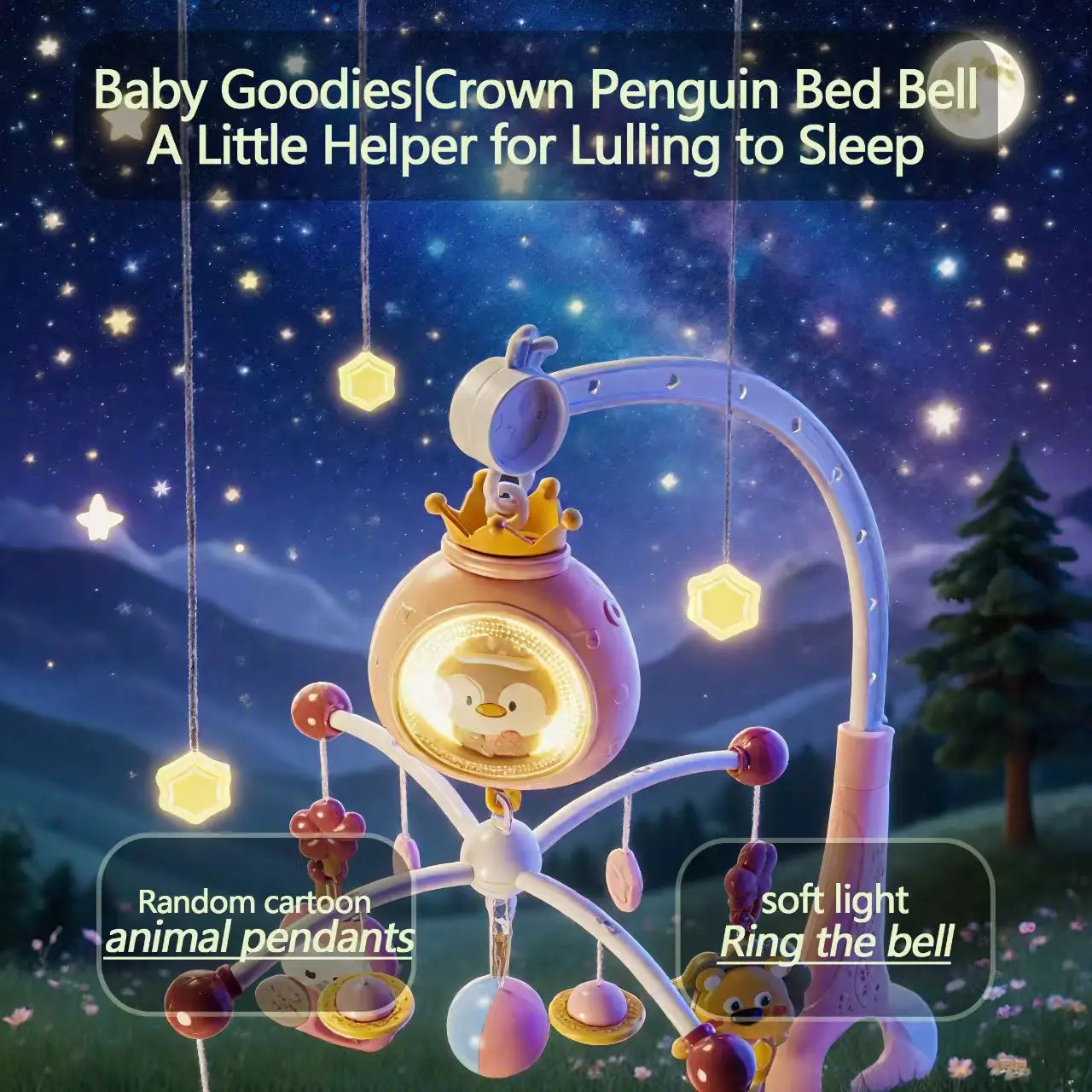 Penguin crib ornament with interactive music and lights – promotes children's brain development, multi-functional rotating toy