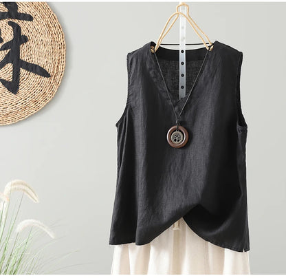 Slimming Pure Color Cotton Linen Lightweight Sleeveless round Neck Inner Wear Large Size Women's Fashionable Versatile Top