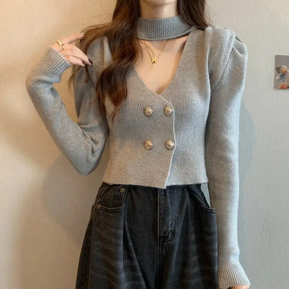 Elegant V-Neck Bubble Sleeve Knitwear Short Top Fashion Trend Neck Hanging Style Girl's French Style Slim Fit Long Sleeve Autumn