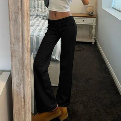 Rockmore Spicy Girl Low Waist Straight Leg Pants Pure Color Flip Waist Versatile Long Trousers Street Style Casual Pants