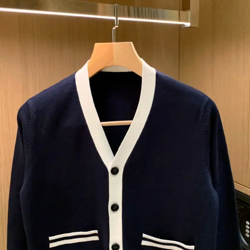 Autumn Winter Men Knitted Cardigan Sweaters Long Sleeve Classic Vintage Patchwork Smart Casual Coat