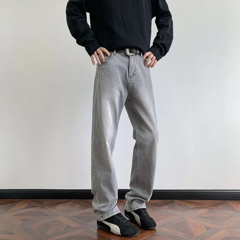 Men's Retro Faded Grey Jeans American Vintage Washed Elastic Denim Pants Loose Wide Leg Casual Streetwear Straight Jean Trousers