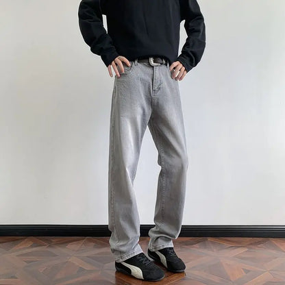 Men's Retro Faded Grey Jeans American Vintage Washed Elastic Denim Pants Loose Wide Leg Casual Streetwear Straight Jean Trousers