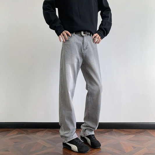 Men's Retro Faded Grey Jeans American Vintage Washed Elastic Denim Pants Loose Wide Leg Casual Streetwear Straight Jean Trousers