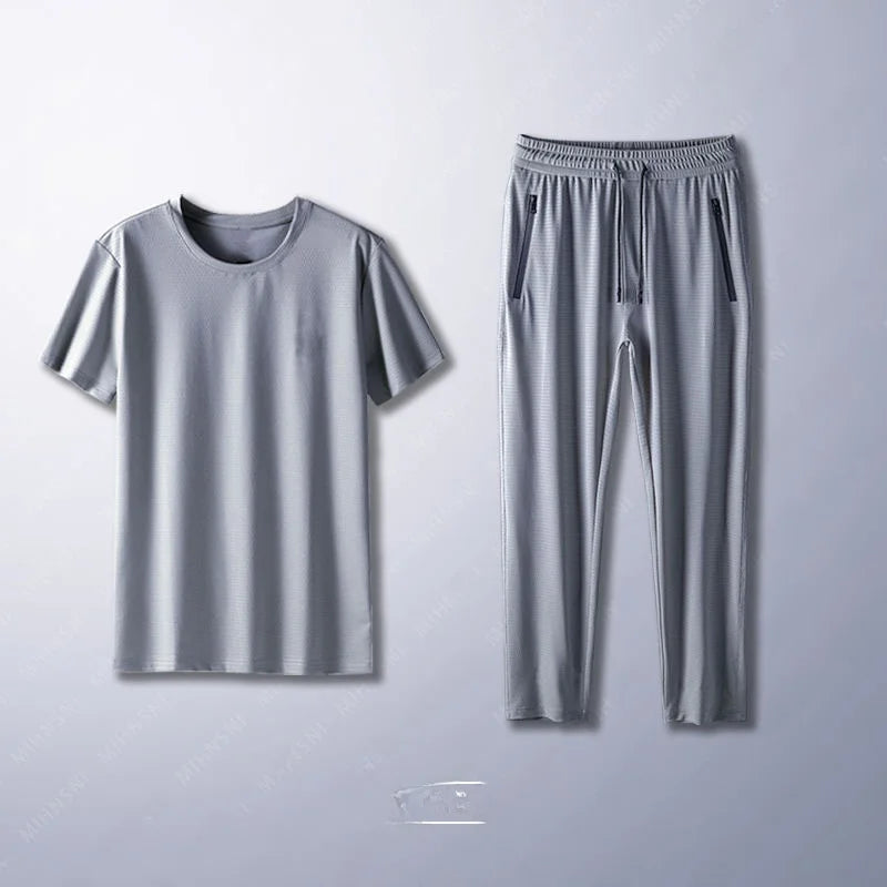 Ice Silk Men's Casual Pants Sports Set Air Conditioning Pants Quick Dry Trendy Large Size Short Sleeve T-Shirt Mesh Summer Wear