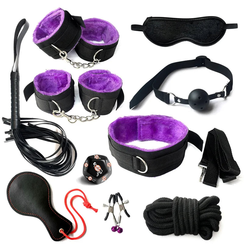 Sex Bondage Set Plush Sex Toy BDSM Kits for Women Couples Adult Games Adjustable Handcuffs Ankle Whip Gag Nipple Clamps Toys