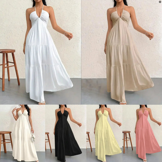 Summer 2026 Women's Trendy Deep V Shoulder Bohemian Style Dress with Belt for Wedding Festival Party Casual Wear
