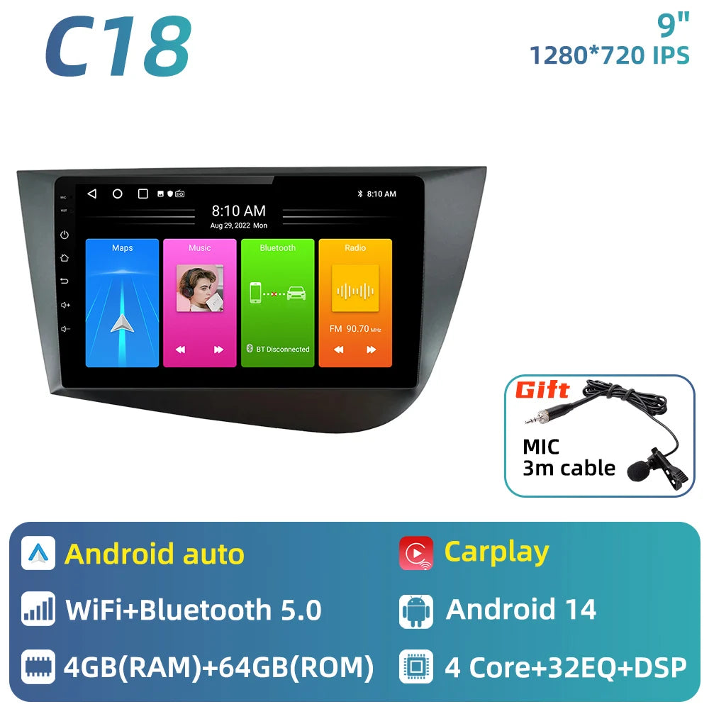 Carplay For Seat Leon 2 MK 2 2005 - 2012 Car Radio Car Multimedia Player Android Auto GPS Navigation Head Unit Stereo 2 Din 4G