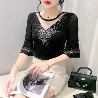2026 Spring Summer Mesh Tops Korean Fashion Diamond T Shirt Slim 3/4 Sleeve Hollow Out Casual Women Shirt