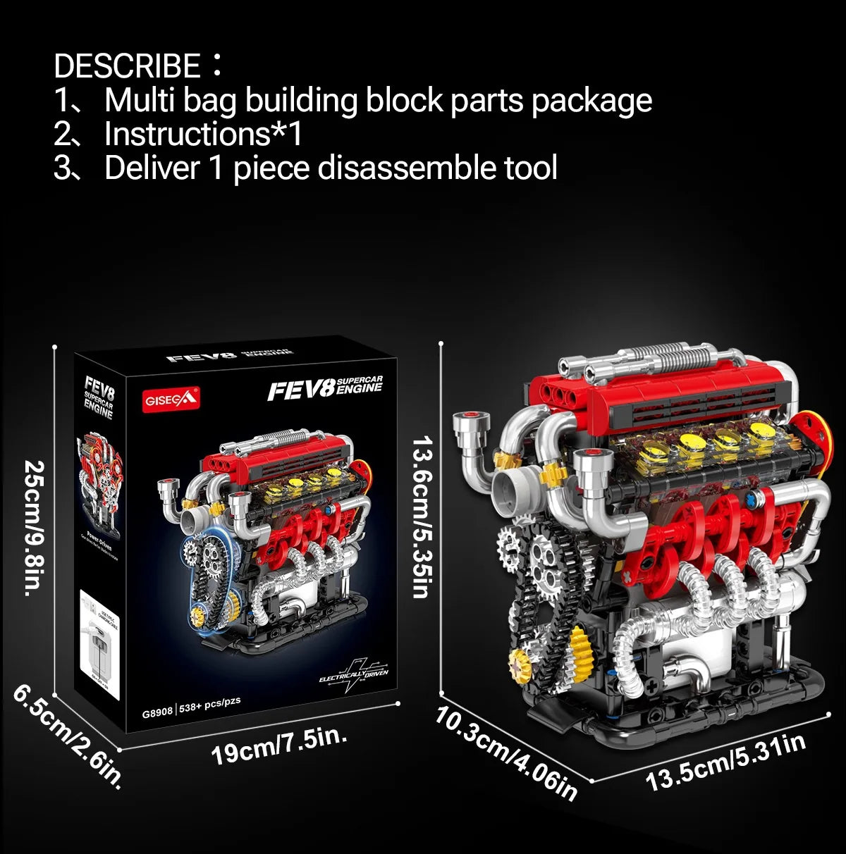 V8 Motorized Engine Building Block Assembly Model, Simulated Mechanical Craft Ornament, Creative Desktop Collectible Present