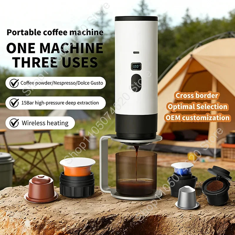 Portable Coffee Machine Wireless 15Bar 7800mAh Digital Display 3-in-1 for Ground/Nespresso/DolceGusto Capsule Coffee Maker
