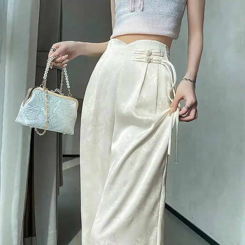 High Waist Loose Straight Pants with Button Knot Pocket New Chinese Style Satin Wide Leg Pants Spring Summer Trousers Pink Black