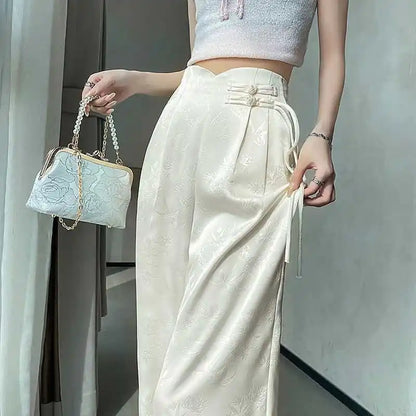 High Waist Loose Straight Pants with Button Knot Pocket New Chinese Style Satin Wide Leg Pants Spring Summer Trousers Pink Black