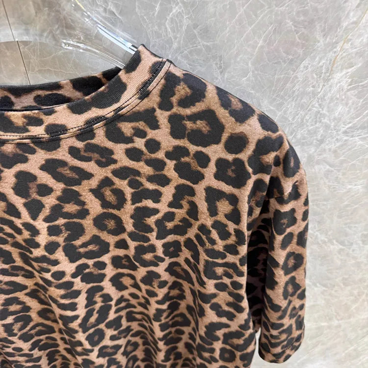 High-End Women's Retro Leopard Print round Neck Loose Short Sleeve T-Shirt 2025 New Style Commute Style Casual Inner Wear