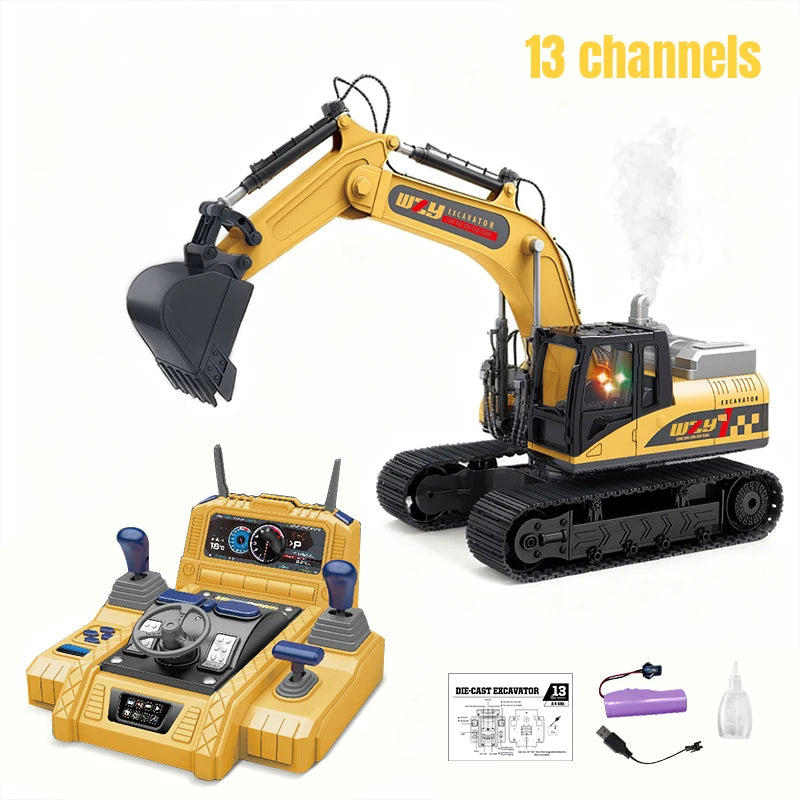 RC Excavator Truck Alloy 12/13/15CH  Engineering Vehicle Sound Spray Lighting 680 Rotation Car Kids Toys for Boys Christmas Gift