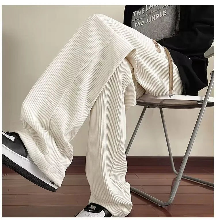 Men's Winter Thickened Fleece Lined Corduroy Wide Leg Sporty Casual Pants Loose Fit Straight Leg Long Trousers Fashionable Yo...