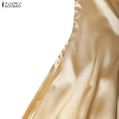 ZANZEA Elegant Chic Women Satin Wedding Guest Party Long Dresses Square Neck Short Puff Sleeve Fitted Waist A-Line Dress S-3XL