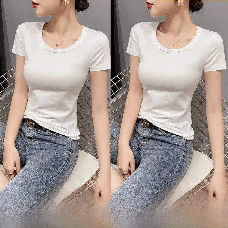Summer Women's Slim Fit Short Sleeve T-Shirt Half Sleeve Base Shirt Versatile Base Layer Top Quality Polyester Fiber Commute ...